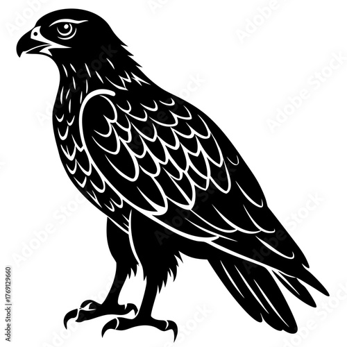 Stylized black silhouette of a perched bird of prey