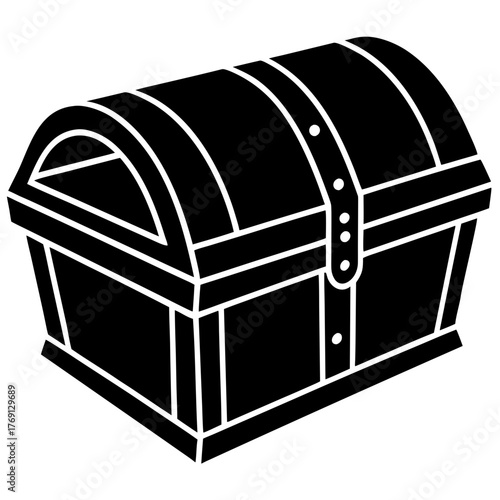 Black silhouette of an open treasure chest with straps