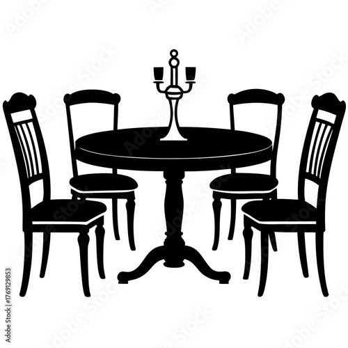 Silhouette of a round dining table with four chairs and a candelabra