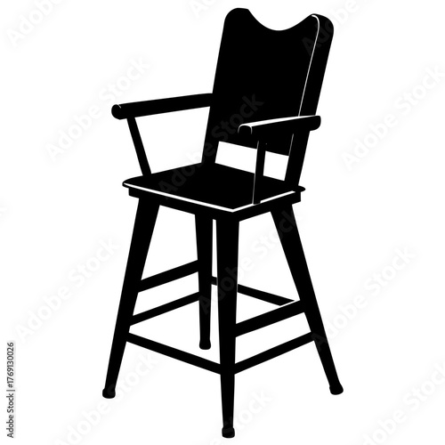 Black silhouette of a high chair with armrests on a white background