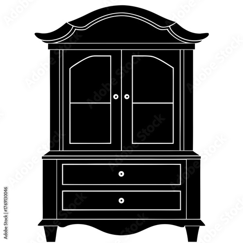Black silhouette of a vintage cabinet with glass doors and drawers