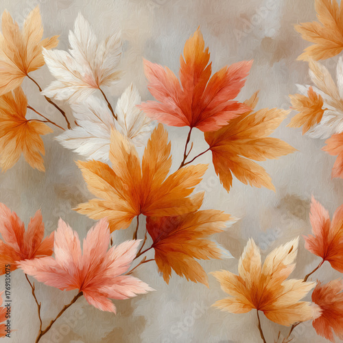 Padrão de folhas de outono em tons quentes de laranja, bege e branco, com um toque artístico.