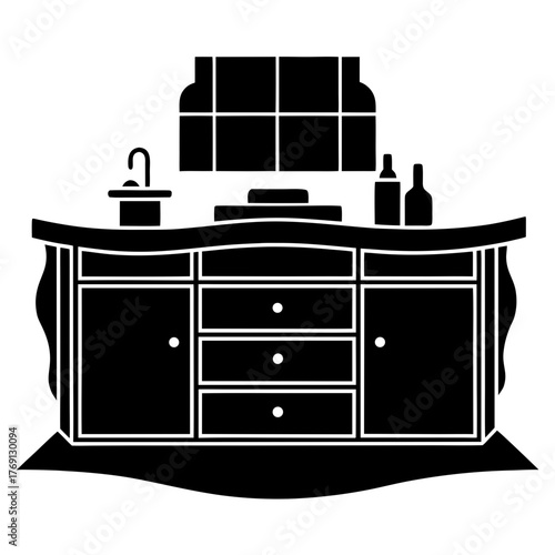 Black and white illustration of a kitchen vanity with sink and bottles