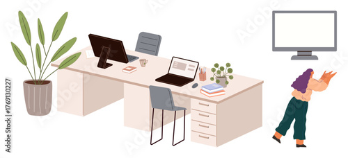 Office setup with desks, monitors, laptops, chairs, decor thumbs up plants and books, and an employee carrying items. Ideal for workplace, resignation, remote work teamwork office decor