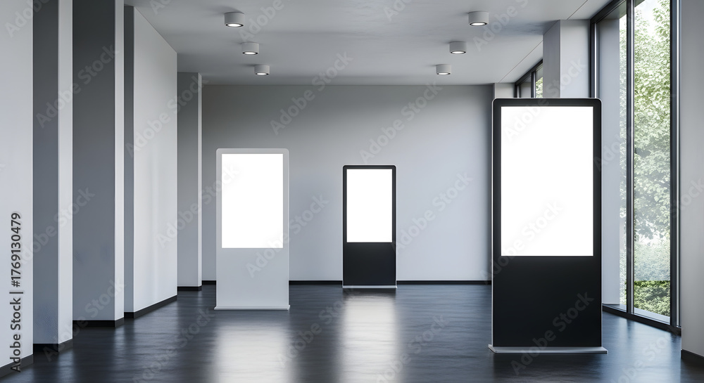 Fototapeta premium Interior modern room with blank advertising displays for mockup template