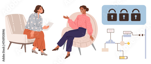 Two women discussing in armchairs, complemented by security locks and a workflow diagram. Ideal for collaboration, cybersecurity, consultation, problem-solving, technology, innovation, and teamwork