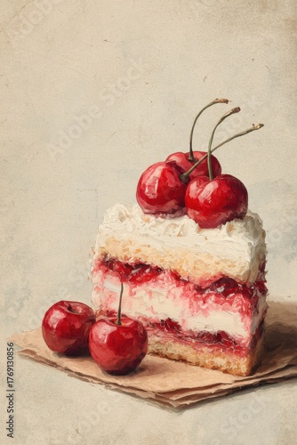 Cherry Layer Cake Watercolor Illustration – Slice of Cream and Berry Dessert with Fresh Cherries on Textured Beige Paper Background