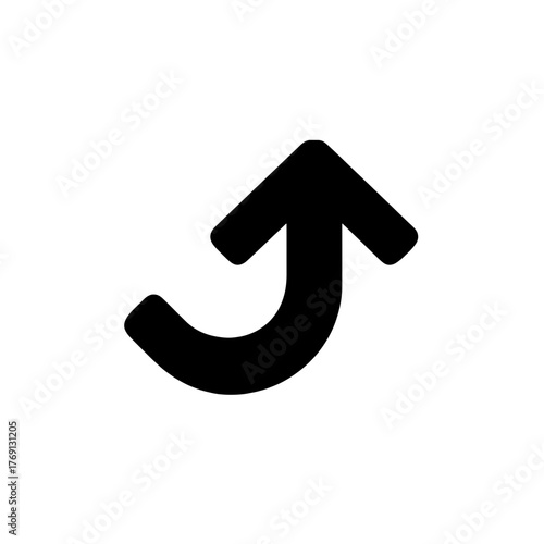 Seta preta abstrata com curva ascendente sobre fundo branco, ilustrando crescimento e progresso.