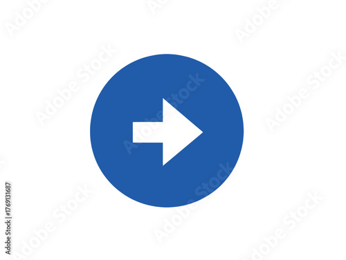 Seta branca em um círculo azul, ícone de navegação e direção, símbolo de avanço, ilustração vetorial