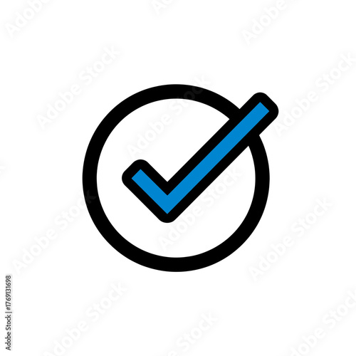 Ícone de vetor de marca de seleção azul e preta dentro de um círculo, símbolo de aprovação e confirmação.