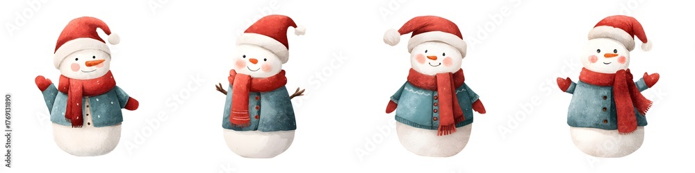Watercolor snowman with Santa hats red scarves and teal coats, set on transparent background