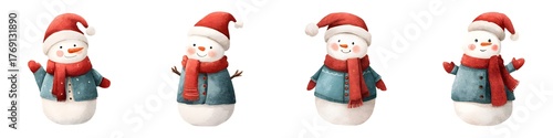 Watercolor snowman with Santa hats red scarves and teal coats, set on transparent background
