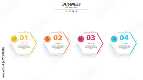 Business Infographic Template with Four Colorful Hexagonal Steps and Modern Line Icons