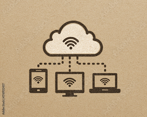 Vetor de nuvem com ícone de Wi-Fi conectando dispositivos eletrônicos como smartphone, monitor e laptop.