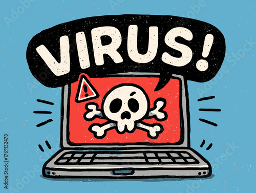 Vetor de um laptop exibindo um crânio e ossos cruzados e a palavra vírus em um balão de fala.