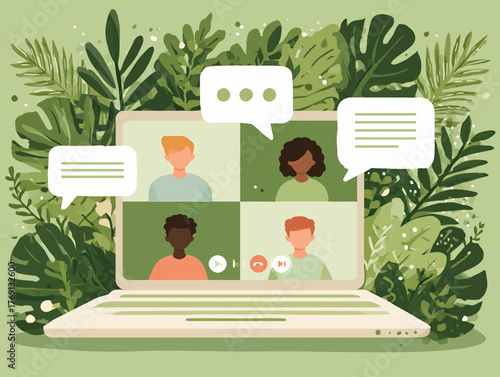 Ilustração vetorial de videoconferência com pessoas diversas em meio a folhagens verdes exuberantes, promovendo comunicação e conexão.