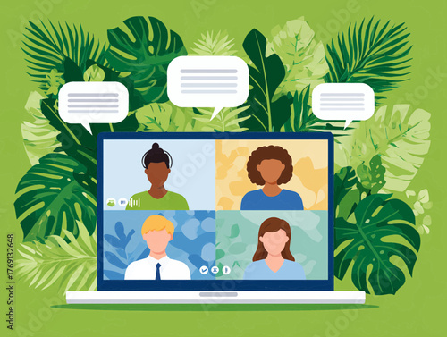 Vetor de pessoas em videoconferência com plantas tropicais exuberantes, comunicação online e colaboração