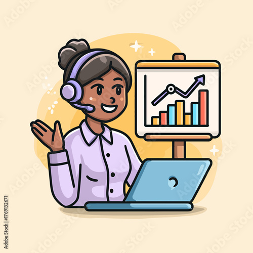 Mulher sorridente com headset e laptop, apresentando gráfico de crescimento em quadro branco.