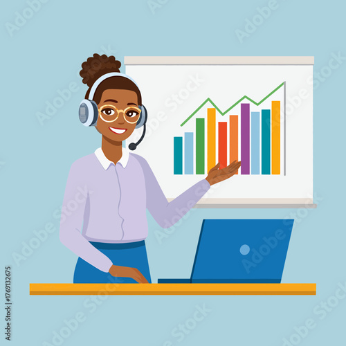 Profissional de negócios com fones de ouvido e laptop apresenta gráfico de crescimento em quadro branco.