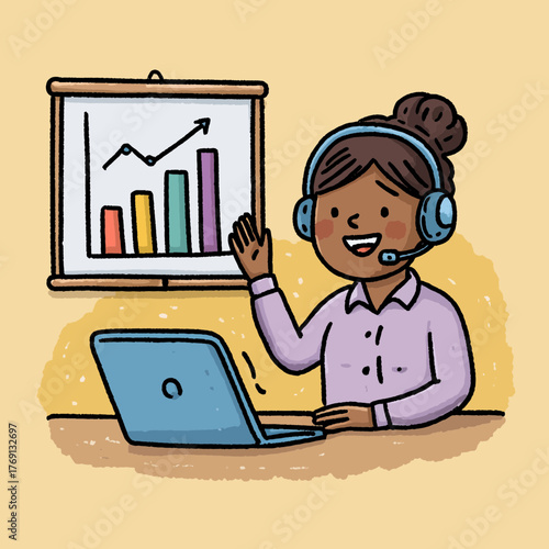 Profissional de atendimento ao cliente com headset e laptop apresenta gráfico de crescimento em quadro.