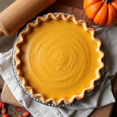homemade pumpkin pie and decorative pumpkin in rustic style in warm orange tones used for autumn baking and holiday gatherings