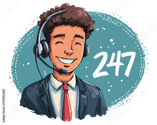 Jovem sorridente com fone de ouvido e microfone, representando atendimento ao cliente 24/7.