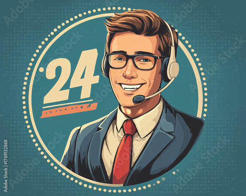 Vetor de um homem sorridente com fone de ouvido, representando atendimento ao cliente 24 horas.
