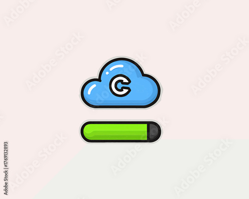 Ícone de nuvem azul com letra C dentro e barra de carregamento verde, vetor simples e moderno