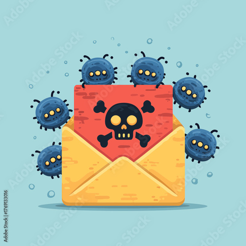 Vetor de email com vírus perigosos e símbolo de caveira, conceito de cibersegurança e ameaça digital.
