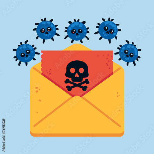 Vetor de envelope de e-mail com vírus de computador e símbolo de caveira, ilustração digital