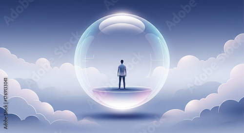Man stands inside a bubble of hope, safety, and security amidst a dreamy cloudscape, symbolizing protection, dreams, aspirations, and overcoming obstacles