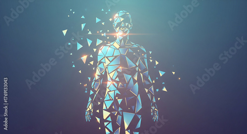 Futuristic figure formed by luminous geometric shapes against calming gradient backdrop creates a sense of innovation, perfect for technology and science projects