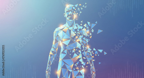 Abstract dissolving human figure with geometric design representing artificial intelligence, future tech, and innovative disruption in a modern style