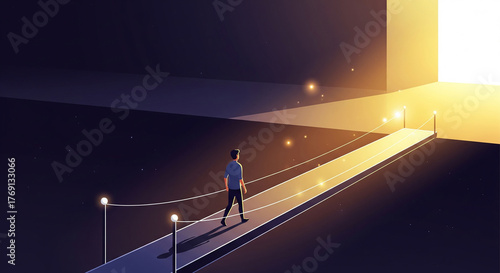 Inspiring journey towards success with a man walking on a lighted bridge to a bright future, creating hope and motivation for business and personal growth