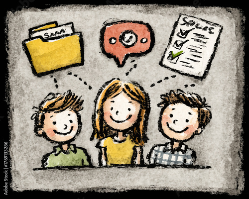 Ilustração vetorial de equipe colaborando em um projeto com ícones de pasta, balão de fala e lista de vendas.