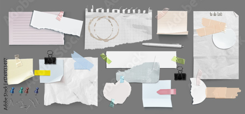 Ripped paper pieces and sticker notes on grey background. Vector realistic illustration of torn notebook pages attached with adhesive tape, office to do list, notice sheets and pins, clips, binders