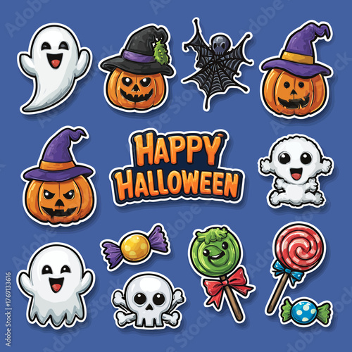 Uma coleção divertida de adesivos e ilustrações de Halloween com fantasmas, abóboras e doces, perfeita para celebrações assustadoras.