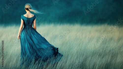 Woman in flowing blue dress walks through tall grass in a serene field