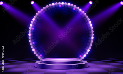 Glamor casino podium illuminated with purple spotlight and circular bulb frame for entertainment showcase. Neon stage platform surrounded by beams for luxury display. Show presentation setup.