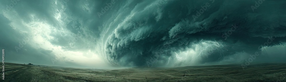 Obraz premium Large tornado under eerie green sky concept. Dramatic storm clouds rolling across an open landscape.