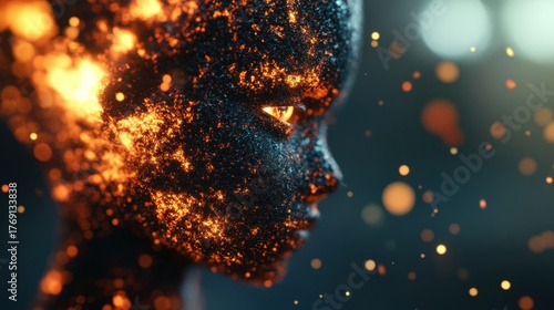 Visage of a figure made of fire and light glowing in a dark environment