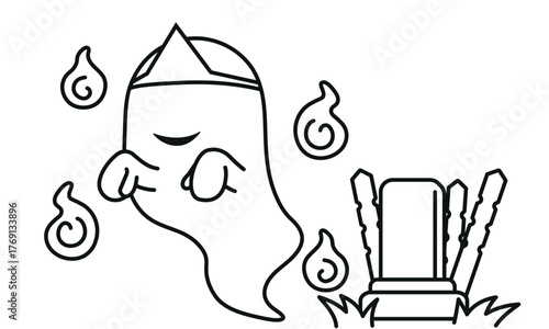 おばけと人魂とお墓のシンプルな線画イラスト