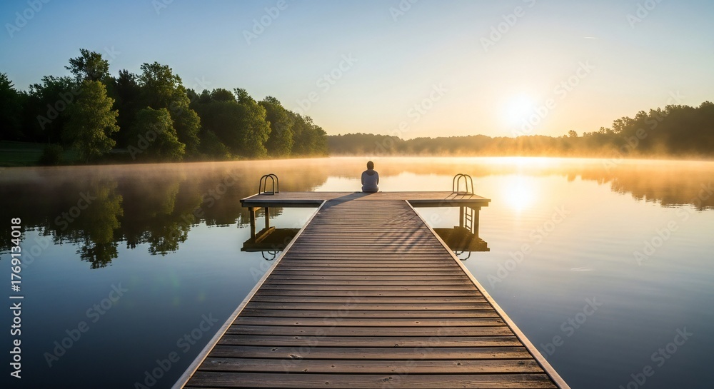 Fototapeta premium A serene scene depicting a person sitting on a wooden dock by a calm lake at sunrise. The mist rises from the water, creating a tranquil atmosphere.