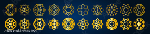 Ramadan ornament icons with golden geometric patterns, islamic stars and shapes for religious decoration. arabesque motifs, Circle designs with intricate linework for festive celebration backgrounds