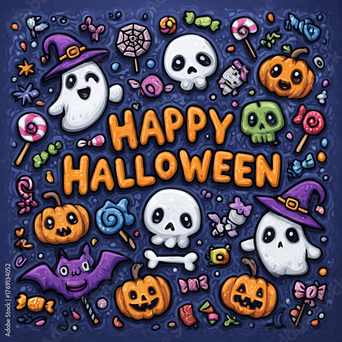 Esta ilustração vetorial vibrante e divertida celebra o Dia das Bruxas, apresentando fantasmas, abóboras, caveiras e doces em um fundo noturno.