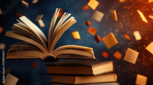 Books floating in the air with glowing covers and a dark background