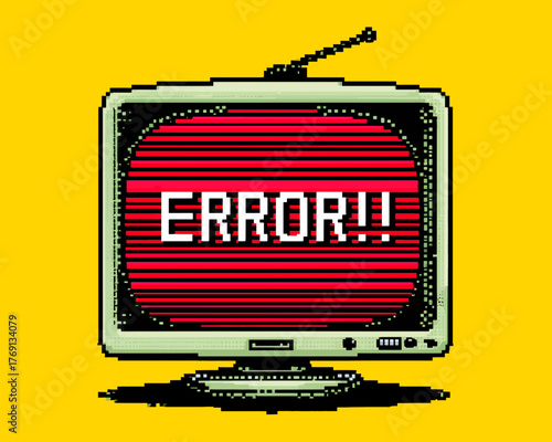 Vetor de televisão antiga com tela de erro pixelada e antena, em fundo amarelo vibrante.