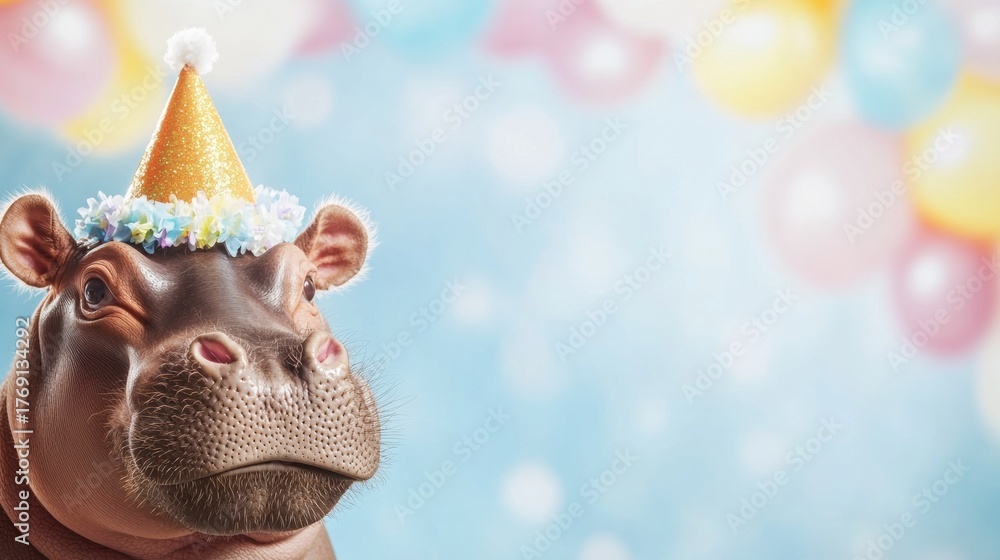 Fototapeta premium Happy hippo celebrating with a party hat in a festive setting