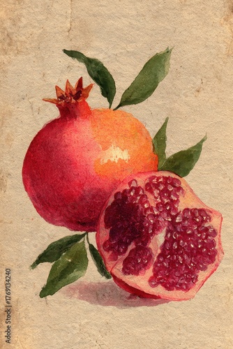 Pomegranate Watercolor Illustration – Whole and Half Ripe Fruit with Green Leaves on Textured Vintage Beige Paper Background