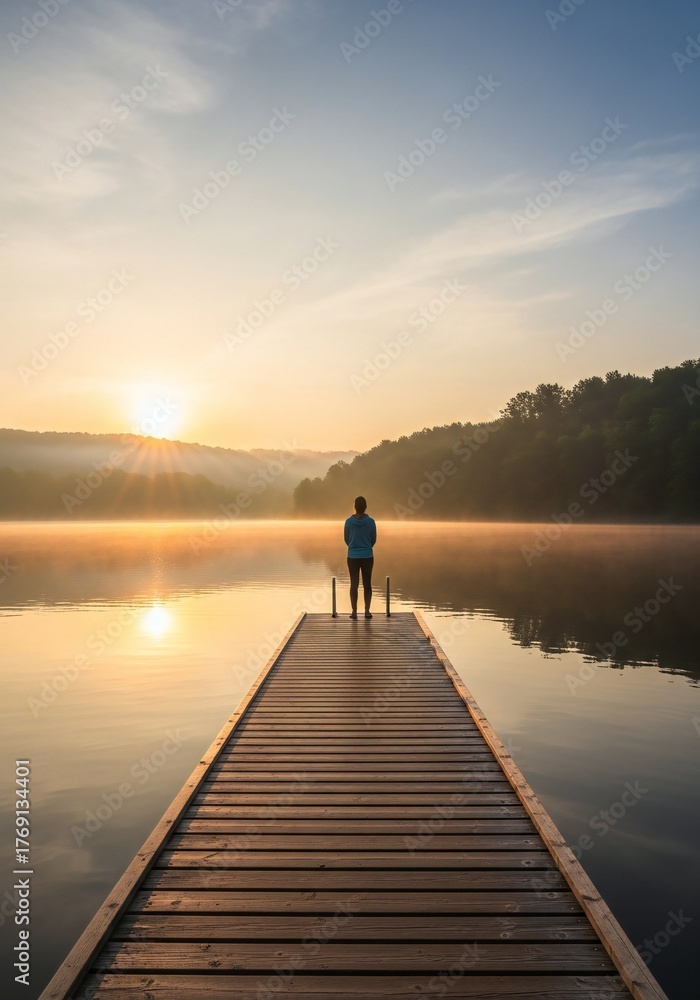 Fototapeta premium A solitary figure stands on a wooden dock overlooking a tranquil lake at sunrise. The scene captures the serene beauty of nature with mist hovering over the water.